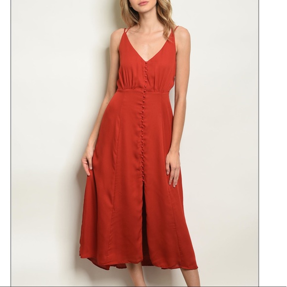 Brick red sleeveless V-neck tunic midi dress, NEW!